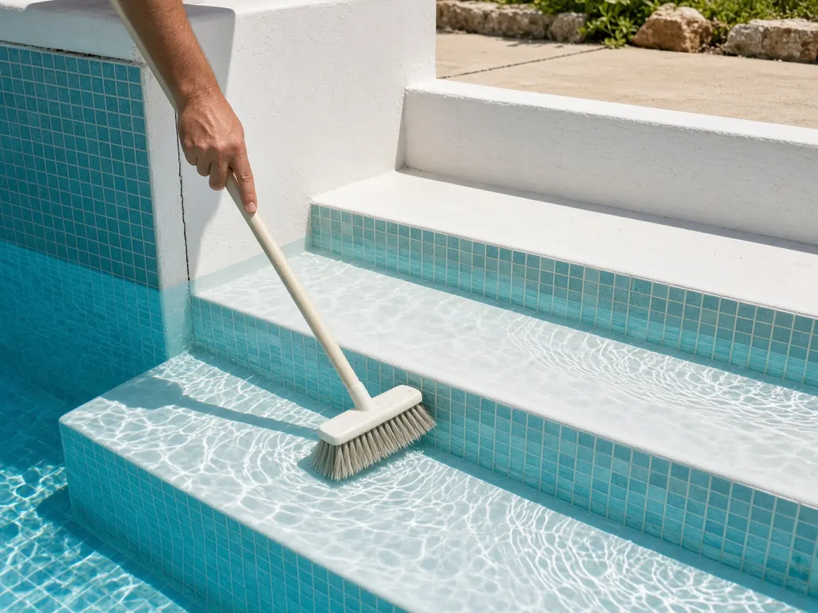 Pool brush moving along submerged tiled steps in clear water