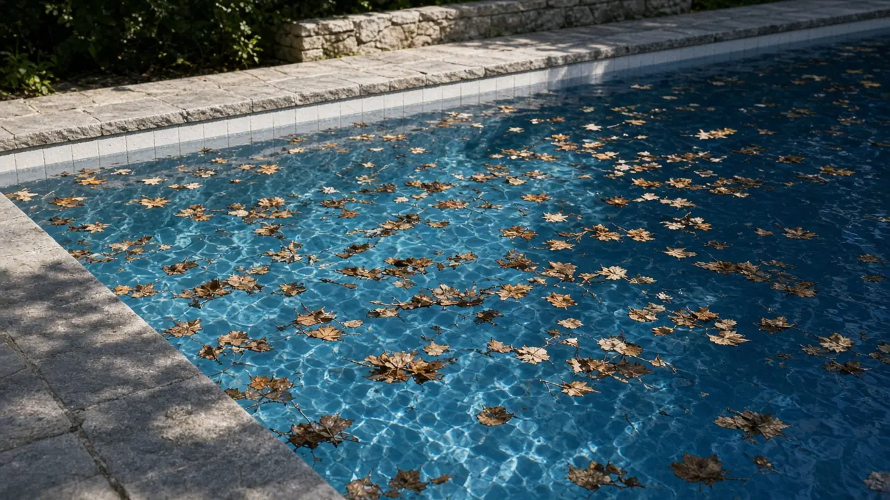 Leaves floating on residential pool water
