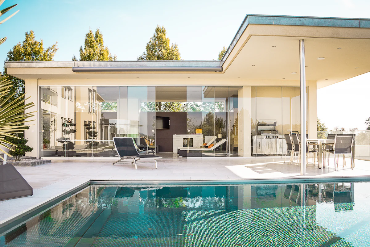 Residential pool and surrounding outdoor living area