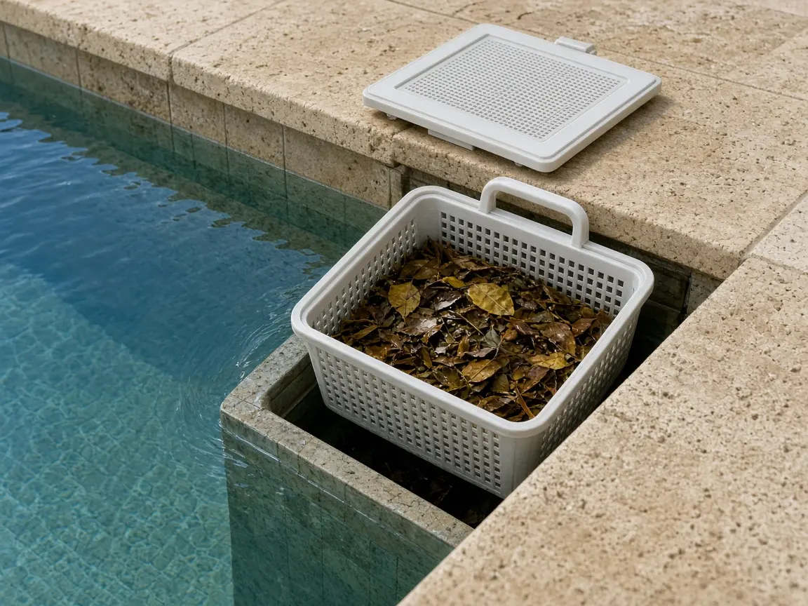 Open residential pool skimmer with a debris basket holding wet leaves