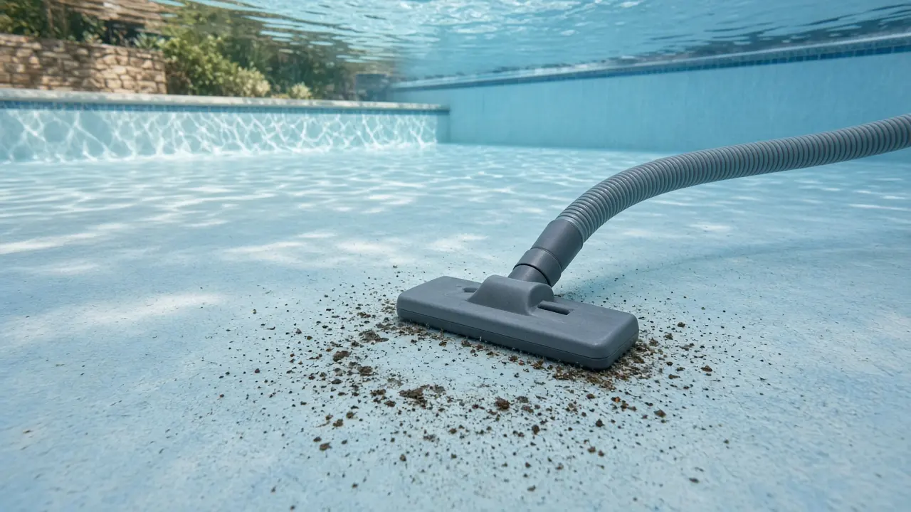Pool vacuum head on the floor of a residential pool